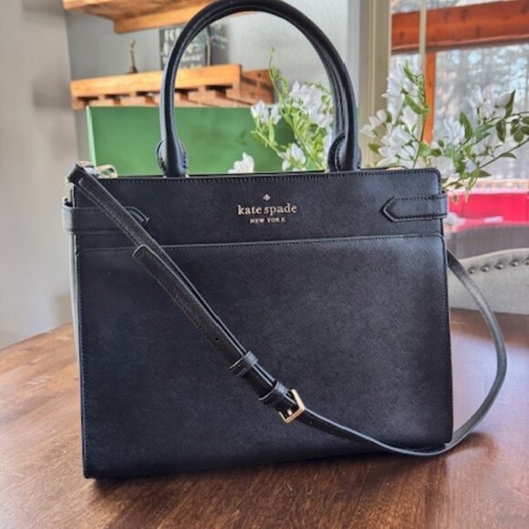 Kate Spade Staci Large Black Satchel Crossbody Handbag Saffiano